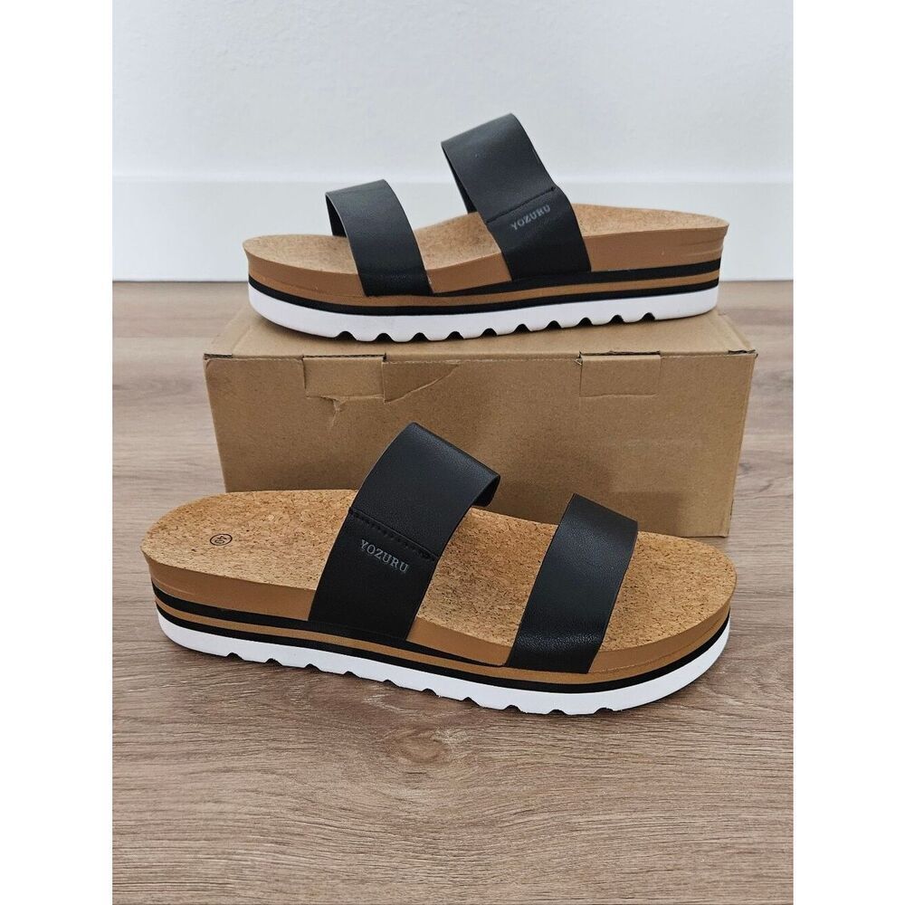 Yozuru Black Doubke Strap Cork Platform Slide Sandals Size 9.5